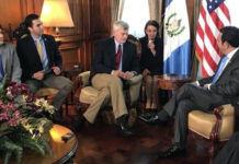 Pictured from left to right: U.S. Ambassador to Guatemala Luis Arreaga; Congressmen Vicente Gonzalez (TX-15) and Ruben Kihuen (NV-04); and Senator Bill Cassidy (R-LA) meeting with President of Guatemala Jimmy Morales.