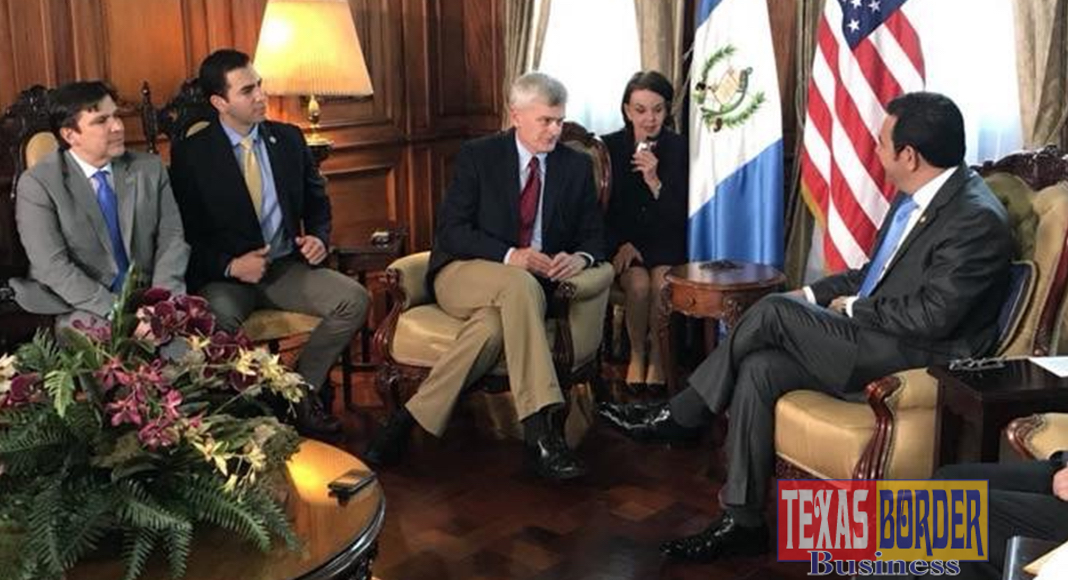 Pictured from left to right: U.S. Ambassador to Guatemala Luis Arreaga; Congressmen Vicente Gonzalez (TX-15) and Ruben Kihuen (NV-04); and Senator Bill Cassidy (R-LA) meeting with President of Guatemala Jimmy Morales.