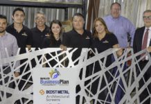 From left to right: Jorge Sanchez, Vice President Business Development and Start-ups at the McAllen Chamber of Commerce, Boost Metal team: Gilberto Villarreal Jr., Ruben Ramirez, Deborah Villarreal, Gilberto Villarreal, Sully Villarreal, Steve Ahlenius President & CEO from the McAllen Chamber of Commerce and Keith Patridge President & CEO of McAllen Economic Development Corporation.
