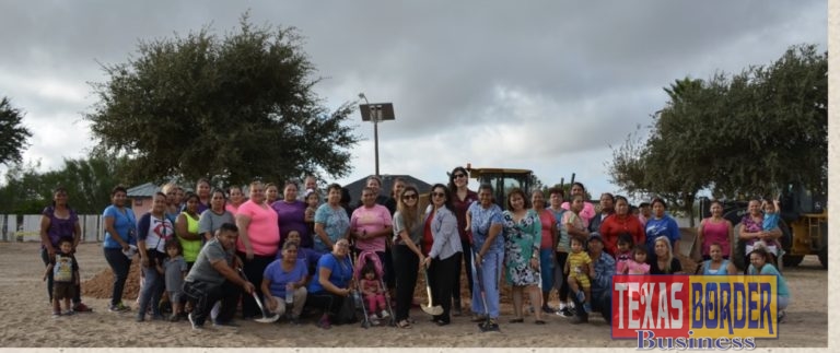 Community members and volunteers dig in to start park improvements. In the center, sharing a shovel are L-R Andrea Valdez, Texas A&M AgriLife Hidalgo County Extension Educator and Mona Parras, Precinct 3 Chief of Staff for Commissioner Joe M. Flores.