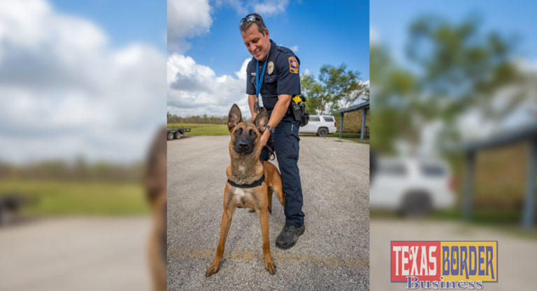 UTRGV K-9 Officer Suzy, with her partner, Officer Jorge Flores (UTRGV Photo by David Pike)