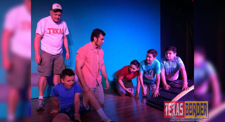 From L-R: Larry Weinreich as Rufus, Roman Flores as Nuno, Gustavo Saucedo as Luis, Andres Flores as Bandee, Gilberto Castro, Jr as Luisito and Mathew Perez as Jerry rehearse a scene from Tales of the Hidalgo Pumphouse playing at Pharr Community Theater, 213 W Newcombe Ave., Pharr, TX, August 22-26, 2018.