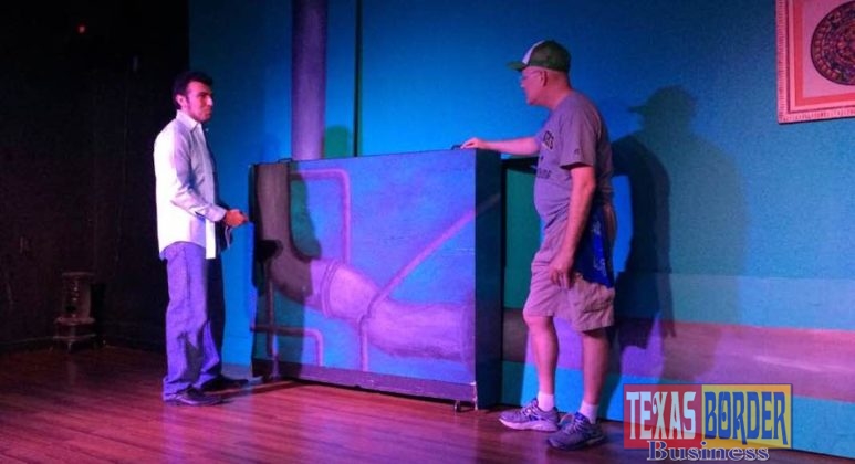 Gustavo Saucedo and Larry Weinreich play Luis Rivera and Rufus Wisdom, both historical characters who worked at the Hidalgo Pumphouse for nearly 100 years combined. They are seen here rehearsing a scene from Tales of the Hidalgo Pumphouse playing at Pharr Community Theater, 213 W Newcombe Ave., Pharr, TX, August 22-26, 2018.