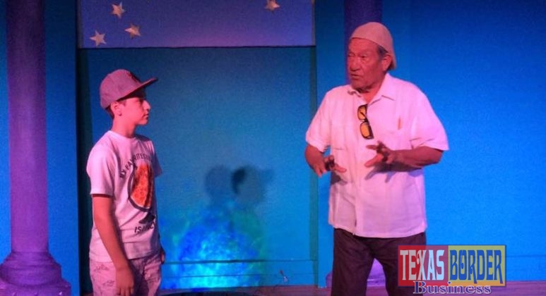 Thirteen year old Gilberto Castro, Jr as Luisito and 84 year old Genaro Escobedo as Don Riche, el curandero/the healer, rehearse a scene from Tales of the Hidalgo Pumphouse playing at Pharr Community Theater, 213 W Newcombe Ave., Pharr, TX, August 22-26, 2018.