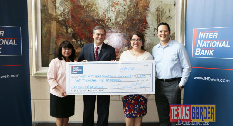Inter National Bank presented the Weslaco Chamber of Commerce with a donation towards their annual Casino Night fundraiser. Pictured L-R: Oralia Tafolla, Vice President, SBA Lending Associate; Samuel J. Munafo, Inter National Bank, President & CEO; Laura Espinoza, Marketing Director, Weslaco Chamber of Commerce and Eric Rodriguez, Inter National Bank, Vice President, Senior IT Project Manager.