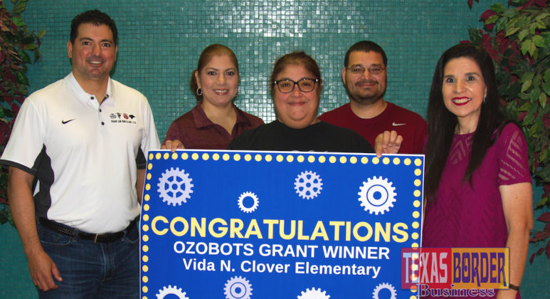 Clover - Clover Elementary Science Lab Teacher Marisela Romero was awarded a $1,197.93 grant to purchase Ozobots that will help her students learn computer programming. Pictured with her are PSJA School Board President and Foundation Vice President Ronnie Cantu, Assistant Principal Christina Tellez, Principal Guadalupe Garcia and PSJA Science Coordinator Susana Ramirez.