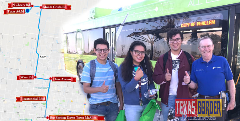 Arrived! Metro McAllen Texas A&M newest satellite stop at Tres Lagos Community Development. It takes about 30 minutes to ride Metro McAllen Route 8. It is about 121 miles in distance. Pictured students of the Texas A&M University with McAllen Mayor Jim Darling. Photo by Roberto Hugo Gonzalez