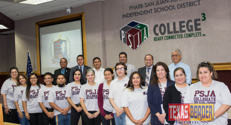 PSJA Collegiate High School Program students and staff pictured with the PSJA ISD School Board of Trustees and Superintendent during the Sept. 10 school board meeting.