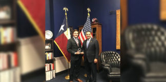 Congressman Henry Cuellar (TX-28) is presented with “The Hero of Main Street” award by the NRF on Thursday in Washington. Pictured from left to right: Texas Retailers Association Director of Public Affairs Justin Williamson and Congressman Henry Cuellar