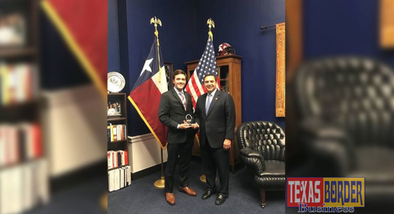 Congressman Henry Cuellar (TX-28) is presented with “The Hero of Main Street” award by the NRF on Thursday in Washington. Pictured from left to right: Texas Retailers Association Director of Public Affairs Justin Williamson and Congressman Henry Cuellar