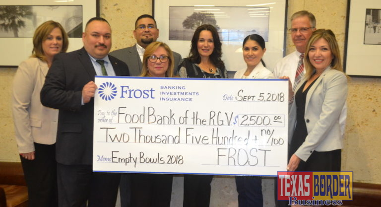 Frost Bank sponsors Empty Bowls 2018 Presented by Vantage Bank Texas and Inter National Bank! Carin Adams, Rick Ramirez, Jose Aleman, Melida Briones, Laura Gutierrez, Empty Bowls Committee Member; Paola Escalante-Castillo, Raymond Jenkins and Jacqueline Flores, Food Bank RGV Dir. of Development & Donor Services. For more information, contact Philip Farias, Mgr. of Corporate Engagement & Events, by calling (956) 904-4513 or mailto:pfarias@foodbankrgv.com