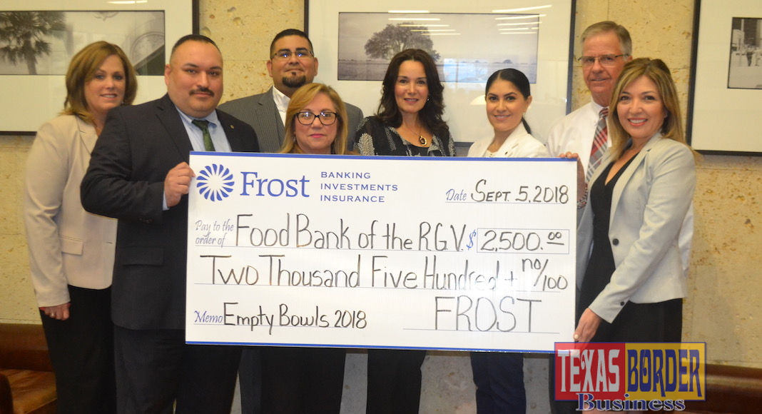 Frost Bank sponsors Empty Bowls 2018 Presented by Vantage Bank Texas and Inter National Bank!  Carin Adams, Rick Ramirez, Jose Aleman, Melida Briones, Laura Gutierrez, Empty Bowls Committee Member; Paola Escalante-Castillo, Raymond Jenkins and Jacqueline Flores, Food Bank RGV Dir. of Development & Donor Services.  For more information, contact Philip Farias, Mgr. of Corporate Engagement & Events, by calling (956) 904-4513 or mailto:pfarias@foodbankrgv.com