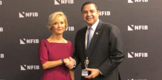 Congressman Henry Cuellar (TX-28) receives National Federation of Independent Businesses ‘Guardian of Small Business’ Award on Wednesday in Washington. Pictured from left to right are NFIB President and CEO Juanita Duggan and Congressman Henry Cuellar.