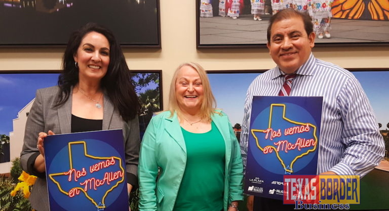 City of McAllen Director of Retail and Business Rebecca Olaguibel and McAllen Senior Reporter/Producer for McAllen Cable Network flank Nancy Millar, VP and Director of the McAllen Chamber of Commerce’s Visit McAllen, as they plan McAllen Day in Monterrey scheduled for October 24.