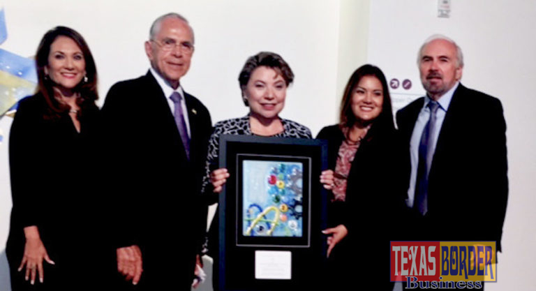 Shell was honored for its longtime commitment to the UTRGV HESTEC program with the HESTEC CIENCIA award, presented at a reception on Thursday, Oct. 4, at the Performing Arts Complex on the UTRGV Edinburg Campus. From left are Veronica Gonzales, UTRGV vice president for Governmental and Community Relations; former U.S. Congressman Rubén Hinojosa; Tina Aguirre, Shell IT manager Capital Projects Downstream and UnConventionals; Vanessa Nichole Hernandez, outreach coordinator/constituent service representative for U.S. Congressmen Henry Cuellar; and UTRGV President Guy Bailey. (Courtesy Photo)