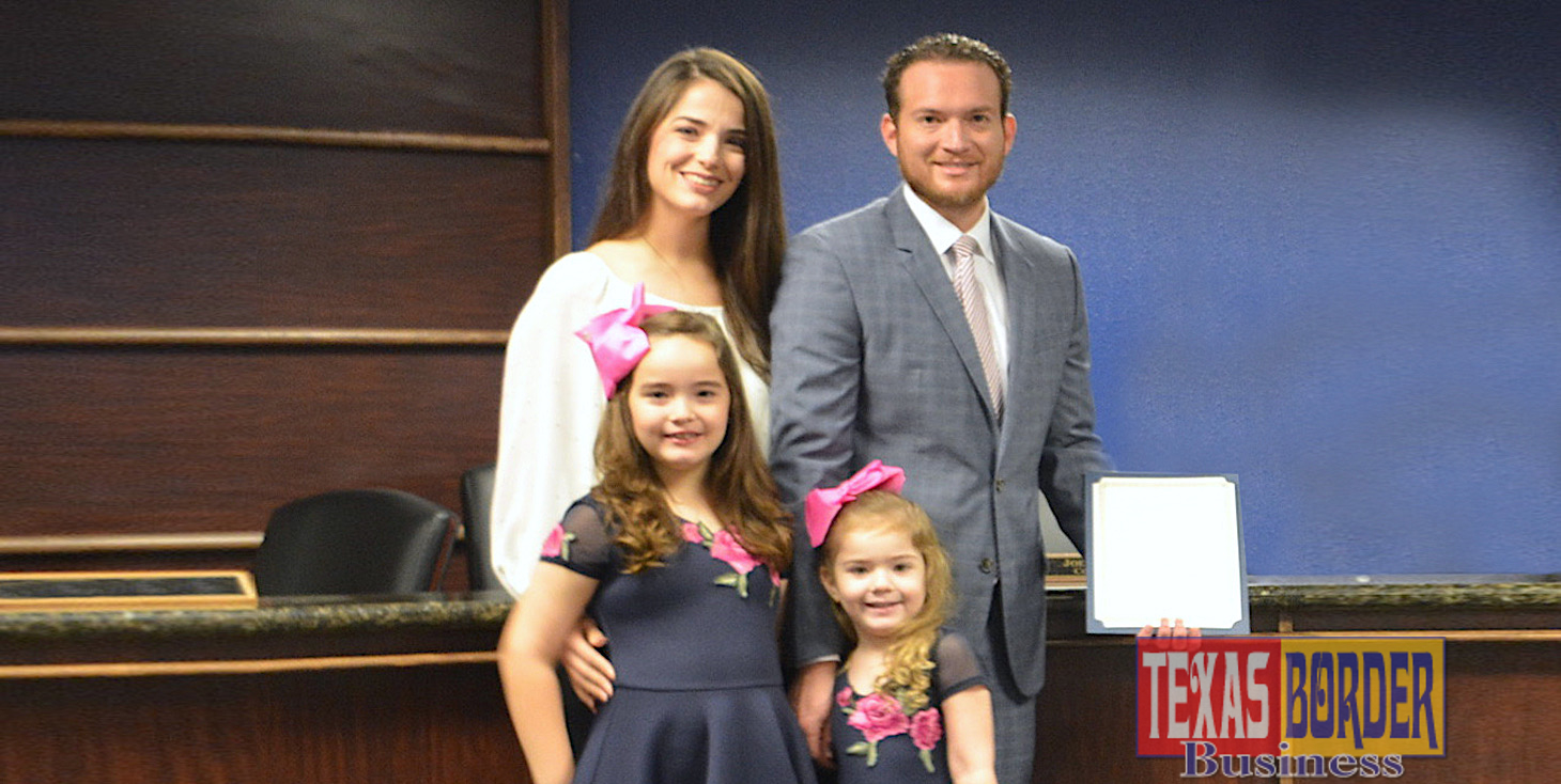 State Representative Oscar Longoria his wife, Jennifer, and daughters Camilla and Madison with Commissioners Court.