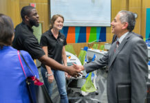 SOM hosts Workforce Solutions Healthcare Industry Taskforce during HESTEC Francisco Almaraz, CEO of Workforce Solutions, shakes hands with Adedayo Okanlawon, UTRGV School of Medicine student, following the Workforce Solutions Healthcare Task Force Meeting, hosted by the UTRGV School of Medicine on Tuesday, Oct. 2, at the Medical Education Building on the Edinburg Campus, in association with HESTEC Week. (UTRGV Photo by Paul Chouy)