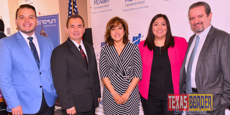Pictured from L-R: Martin Cobian, Regional Manager for Aeromar; Roy Rodriguez, McAllen City Manager; Adscript Consul of Mexico Cónsul Adscripta Socorro Guadalupe Jorge Cholula; Liz Suarez, Director of Aviation of the McAllen-Miller International Airport and Fabricio Cojuc Wolfowitz, M.A.A. Executive Director of Strategy. Photo Roberto Hugo Gonzalez.