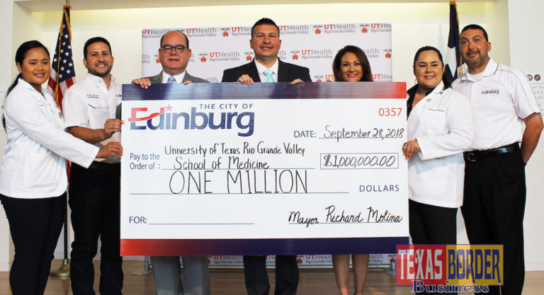 The City of Edinburg continued its support of the UTRGV School of Medicine by presenting a $1 million check to help fund educational, research and clinical endeavors. Pictured from left to right are: UTRGV Medical Student Pamela Matias, City Councilmember Jorge Salinas, UTRGV School of Medicine Dean John H. Krouse, Mayor Richard Molina, UTRGV Vice President for Governmental and Community Relations Veronica Gonzales, UTRGV Medical Student Rachel Salinas, and City Councilmember Gilbert Enriquez. (Courtesy Photo)