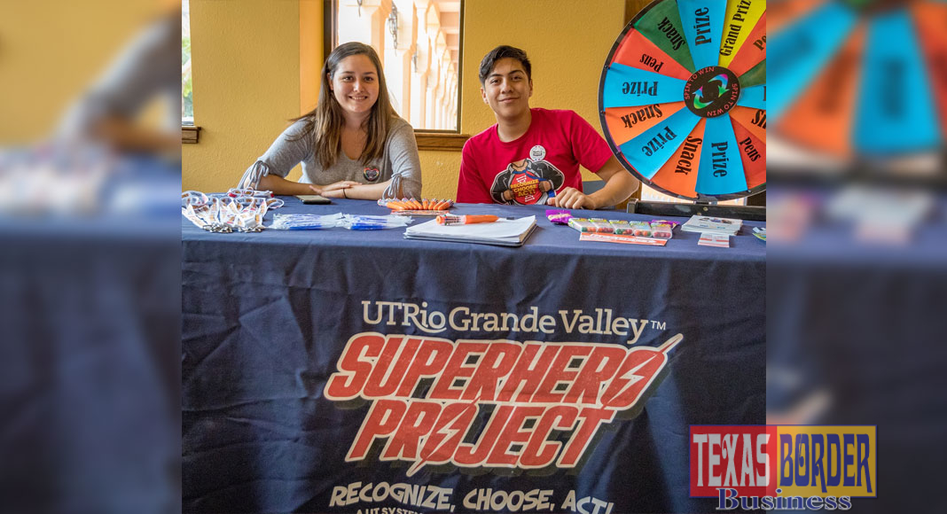 The UTRGV Superhero Project, aimed at creating a safer campus, has been given the Best Practices/Institutional Impact Award from the National Behavioral Intervention Team Association. The project is an active bystander program designed to encourage students to look out for one another. To help spread the word, peer leaders – like Ceilhy Garcia and Mario Flores, shown here – make presentations to groups, host events, partner with other UTRGV departments and participate in events hosted by other organizations. (UTRGV Photo by David Pike)