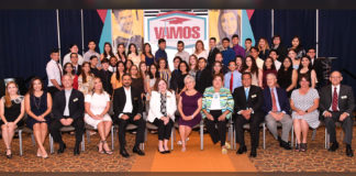 Pictured are VAMOS president Johnny Oliva; Sonia Falcon, former president and board member; Judge Linda Yañez, keynote speaker. Also attending Yoli Cantu and in the background are scholarship recipients at the VAMOS 22nd Annual Scholarship Banquet at the Edinburg Conference Center at Renaissance. $1.4 million was awarded to 85 students for a four-year higher education degree. Photo by Roberto Hugo Gonzalez