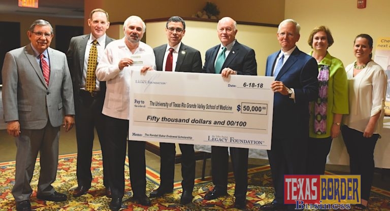 The Valley Baptist Legacy Foundation has established a $50,000 endowed scholarship to help support students at The University of Texas Rio Grande Valley School of Medicine who declare an intention to specialize in psychiatry, neurology or a related field in the neurosciences. The Randall Baker Endowed Scholarship is named in honor of the foundation’s former executive director, Randall “Randy” Baker, who retired from his post June 30. Shown, from left, are Valley Baptist Legacy Foundation Board Members Arnie Gonzalez and Bob Duncan; UTRGV President Guy Bailey; UTRGV School of Medicine Senior Associate Dean for Education and Academic Affairs and Valley Baptist Legacy Foundation Board Member Dr. Leonel Vela; Randall “Randy” Baker; Valley Baptist Legacy Foundation Board Vice Chairperson Billy Bradford; Valley Baptist Legacy Foundation Board Member Beth Pace; and Valley Baptist Legacy Foundation Board Secretary Quita Wittenbach. (Courtesy Photo)