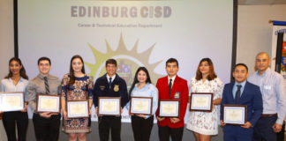 Edinburg CISD Career and Technical Education students pose for a photo during an Edinburg Rotary Club meeting at the Echo Hotel in Edinburg. Pictured L-R: Edinburg High School senior Brianna Tovias, Edinburg High School senior James Champion, Edinburg North High School senior Daisy Salinas, Edinburg North High School senior Armando Jesus Garza, Economedes High School senior Iliana Raine Ramos, Economedes High School senior Andres Angel Guerrero, Vela High School senior Brianna Alissa Gonzalez and Vela High School senior Ivan Solis.