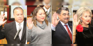 Four Edinburg Consolidated Independent School District board members are sworn in during a Special Called Board Meeting in the ECISD board room in Edinburg. Pictured L-R: ECISD School Board Member Xavier Salinas, ECISD School Board Member Leticia Garcia, ECISD School Board Member Oscar Salinas and ECISD School Board Member Dominga Vela.