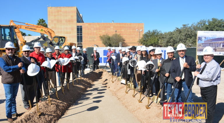 Commissioners Court, elected officials, and Hidalgo County department heads raise a shovel to commemorate the 2018 groundbreaking for the new courthouse.