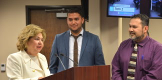 L-R County Judge Chief of Staff Yolanda Chapa, Administrative Assistant Nestor Lopez, Economic Development Director Michael Leo, presenting the STED grant awardees and evaluation committee at Tuesday's Commissioners Court. 