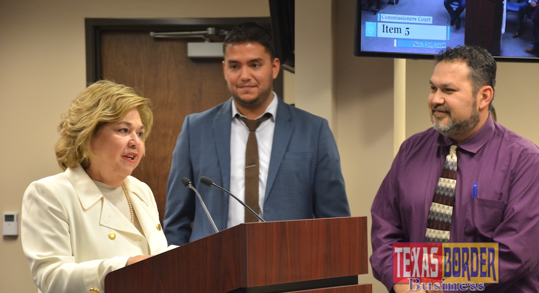 L-R County Judge Chief of Staff Yolanda Chapa, Administrative Assistant Nestor Lopez, Economic Development Director Michael Leo, presenting the STED grant awardees and evaluation committee at Tuesday's Commissioners Court. 