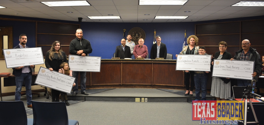 Five local businesses from throughout Hidalgo County were awarded $20,000 grants. The awardees are pictured here with Commissioners Court members (Center L-R) Joseph Palacios, Pct. 4; Joe M. Flores, Pct. 3; Ramon Garcia, County Judge; and Eduardo "Eddie" Cantu, Pct. 2.