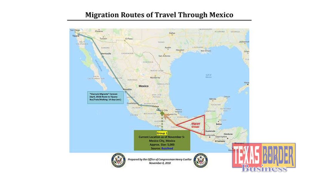 The above image represents one possible route the caravan formed on October 13 in Honduras (approximately 6,000 members) may follow. This caravan is currently located in Mexico City.