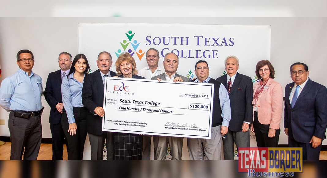  South Texas College together with the Economic Development Corporation of Weslaco hosted a check presentation to provide customized training for small businesses in retail, manufacturing, and logistics. 