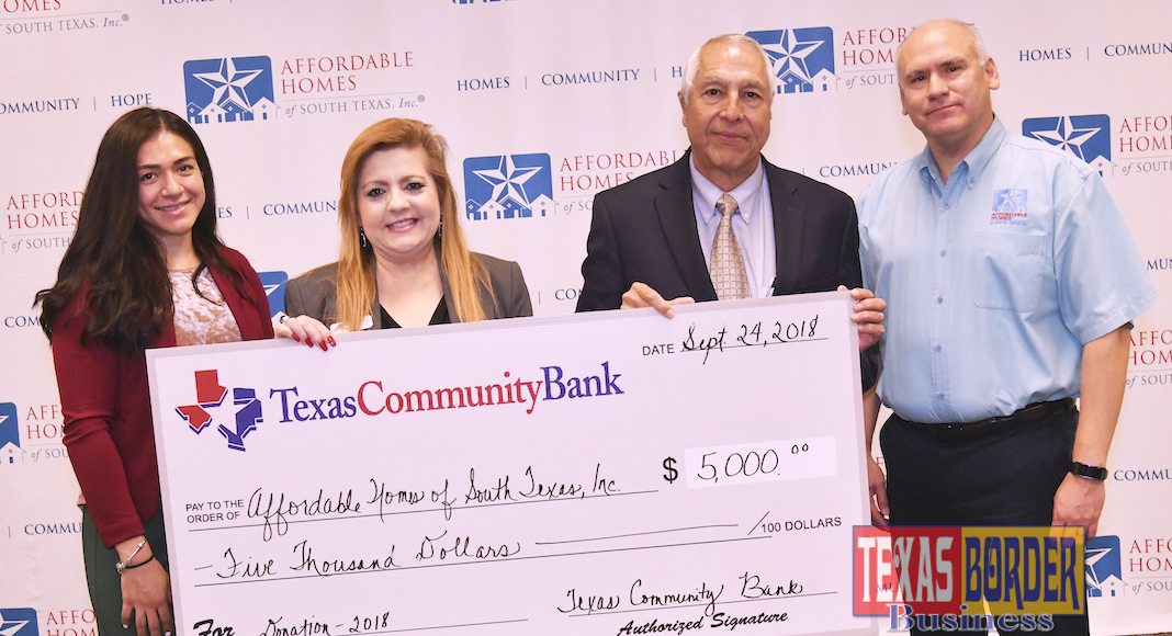 Pictured from L-R: Cynthia Garcia, Director of Grants and Resource Development at AHSTI; Lisa Cantu, Vice President – Business Development Officer at Texas Community Bank; Roger Moreno, Texas Community Bank Executive Vice President, and Bobby Calvillo, President of Affordable Homes of South Texas, Inc. Photo by Roberto Hugo Gonzalez