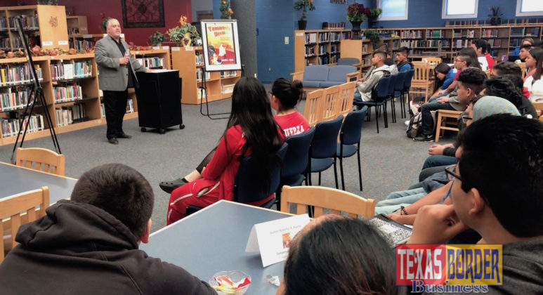 Author Roberto Rocha discusses his book “Tamarindo Dreams: A Collection of Barrio Poetry” with students at Edinburg High School.  