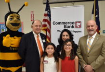 Commerce Bank and Arndt Elementary School Celebrate 12th Annual Arndtville Minitropolis Program Left- Free Bee, Ignacio Urrabazo Jr.- Commerce Bank President and CEO, Iztel Requena - Commerce Bank President at Arndtville, Juanita Zepeda – Arndt School Principal, Alexandra Treviño – Mayor of Arndtville, Alejandro Perez – Council Member – District III.