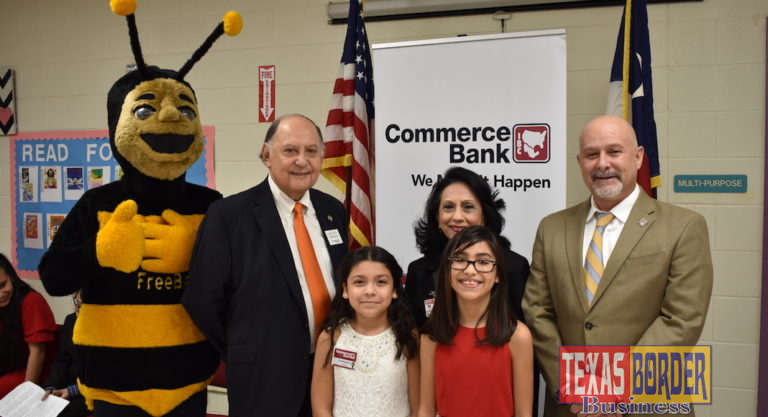 Left- Free Bee, Ignacio Urrabazo Jr.- Commerce Bank President and CEO, Iztel Requena - Commerce Bank President at Arndtville, Juanita Zepeda – Arndt School Principal, Alexandra Treviño – Mayor of Arndtville, Alejandro Perez – Council Member – District III.