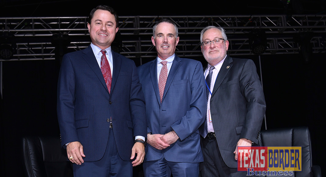 From L-R: TXOGA President Todd Staples acted as moderator of the Energy Summit that took place in Pharr, Texas. In the middle Mr. Kurt Knight-Turcan, Enbridge VP of Business Development, and Eddie Campirano, Port of Brownsville Executive Director and CEO. Also, present Rep. Eddie Guerra, and Danny Gurwitz not in the picture. Photo by Roberto Hugo Gonzalez