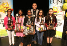 Edinburg CISD announces top spellers. Pictured L-R: Siya Vinoj (fourth-place winner), Isabel Thoppil (second-place winner), Ann Jacob (first-place winner), ECISD Superintendent Dr. René Gutiérrez; Karyn Gonzalez (third-place winner) and Abigail Alvarado (fifth-place winner).