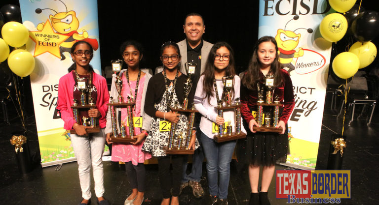 Edinburg CISD announces top spellers. Pictured L-R: Siya Vinoj (fourth-place winner), Isabel Thoppil (second-place winner), Ann Jacob (first-place winner), ECISD Superintendent Dr. René Gutiérrez; Karyn Gonzalez (third-place winner) and Abigail Alvarado (fifth-place winner).