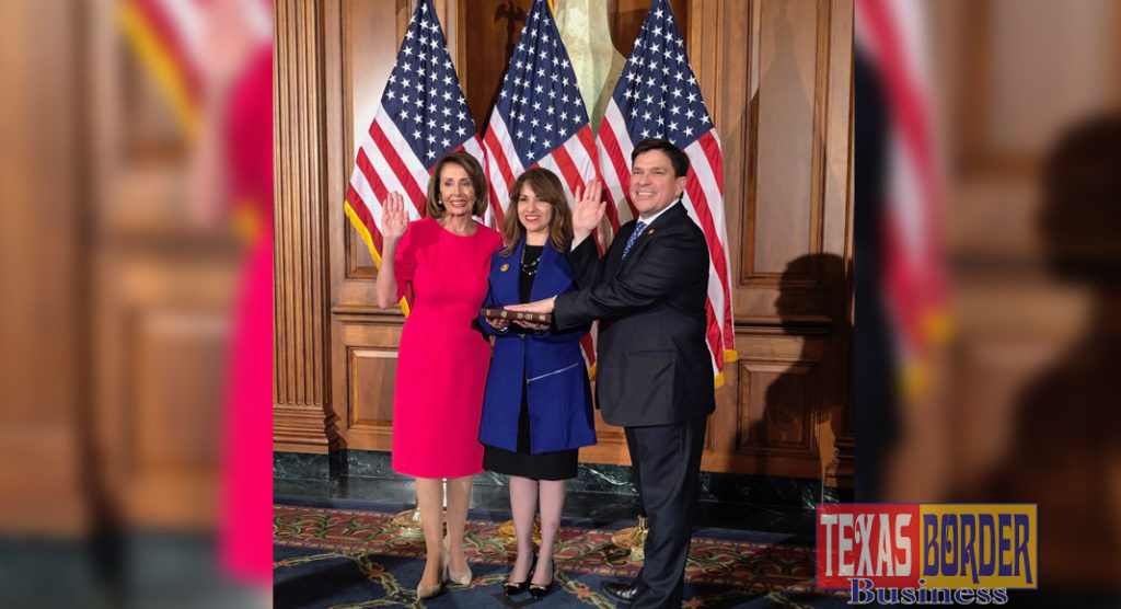 Congressman Vicente Gonzalez (TX-15) with his wife, Lorena Saenz Gonzalez, and Speaker of the House Nancy Pelosi.  