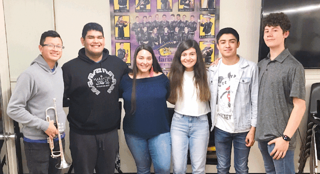 Six students from McAllen High’s Mariachi Oro will participate in the Texas Music Educators Association All-Region Clinic and Concert March 29-30 in La Joya. They are (L-R) Jesús Villegas (2nd Chair Trumpet), Cristian Contreras (1st Chair Vihuela), Natalie Carmona (2nd Chair Alto Vocals), Ashley Treviño (18th Chair Violin), Andrew Morales (6th Chair Trumpet), Anthony Cisneros (1st Alternate Harp).