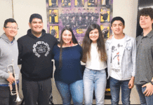 Six students from McAllen High’s Mariachi Oro will participate in the Texas Music Educators Association All-Region Clinic and Concert March 29-30 in La Joya. They are (L-R) Jesús Villegas (2nd Chair Trumpet), Cristian Contreras (1st Chair Vihuela), Natalie Carmona (2nd Chair Alto Vocals), Ashley Treviño (18th Chair Violin), Andrew Morales (6th Chair Trumpet), Anthony Cisneros (1st Alternate Harp).