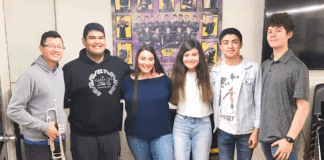 Six students from McAllen High’s Mariachi Oro will participate in the Texas Music Educators Association All-Region Clinic and Concert March 29-30 in La Joya. They are (L-R) Jesús Villegas (2nd Chair Trumpet), Cristian Contreras (1st Chair Vihuela), Natalie Carmona (2nd Chair Alto Vocals), Ashley Treviño (18th Chair Violin), Andrew Morales (6th Chair Trumpet), Anthony Cisneros (1st Alternate Harp).