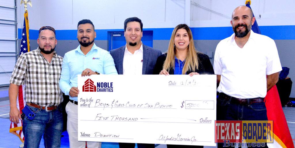 Pictured above from L-R: Johnny Martinez Superintendent; Jose Castro Project Manager; Alfredo Garcia, Vice President Noble Texas Construction and San Benito Boys & Girls Club board member; Liz Chavez, San Benito Boys & Girls Club Board President, and Eric Delgado Project Manager. The check is a $5,000 donation from Noble Texas Builders to benefit the San Benito Boys & Girls Club. Photo by Roberto Hugo Gonzalez