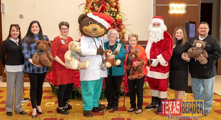DHR Health receives a donation of teddy bears from Paula Owen and Irene Quail, representing the Rio Grande Chapter National Society Daughters of the American Revolution. Pictured from left to right: Norma Teran, DNP, MBA, RN, Chief Nursing Officer, DHR Health; Elizabeth Adamson, DNP-HI, MSN, RN, BC, Chief Nursing Information Officer, DHR Health; Lesley Anne Durant, JD, CHC, CHPC, Chief Compliance and Privacy Officer, DHR Health; Dr. Ted E. Bear; Paula Owen; Irene Quail; Lisa R. Treviño, PhD, Vice President for Research and Development; Mario Garza. Jr., MSN, RN, Vice President of Surgery and Procedural Services, DHR Health.