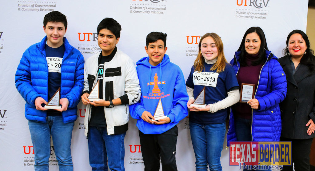 Rising Scholars Academy of South Texas placed second at the MATHCOUNTS competition at UTRGV on Feb. 9 and now advances to the state competition. From left are Raul Marquez, Diego Decio, Anthony Acevedo, McKenzie Brown, Coach Maria Marquez, and Karen Dorado, UTRGV director of Special Programs and Community Relations. (Courtesy Photo)