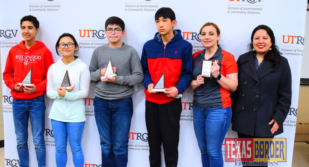 Sharyland North Junior High earned first place at the MATHCOUNTS competition at UTRGV on Feb. 9, and now advance to the state competition. From left are Derick Lee, Emilio Del Angel, Hailey Aul, Daniel Ramirez, Coach Veronica Gonzalez, and Karen Dorado, UTRGV director of Special Programs and Community Relations.  (Courtesy Photo)