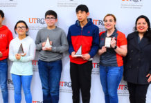 Sharyland North Junior High earned first place at the MATHCOUNTS competition at UTRGV on Feb. 9, and now advance to the state competition. From left are Derick Lee, Emilio Del Angel, Hailey Aul, Daniel Ramirez, Coach Veronica Gonzalez, and Karen Dorado, UTRGV director of Special Programs and Community Relations. (Courtesy Photo)